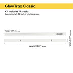 GlowTrax Classic kit dimensions — 19 tracks, 52 feet total coverage, height 0.70 inches, width 1.39 inches, length 33.07 inches, for Govee H705 and Elite H805 permanent outdoor lights