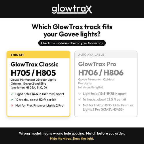 Which GlowTrax track fits your Govee lights: GlowTrax Classic fits Govee H705/H805 with 16.4 inch hole spacing, GlowTrax Pro fits Govee Pro H706/H806