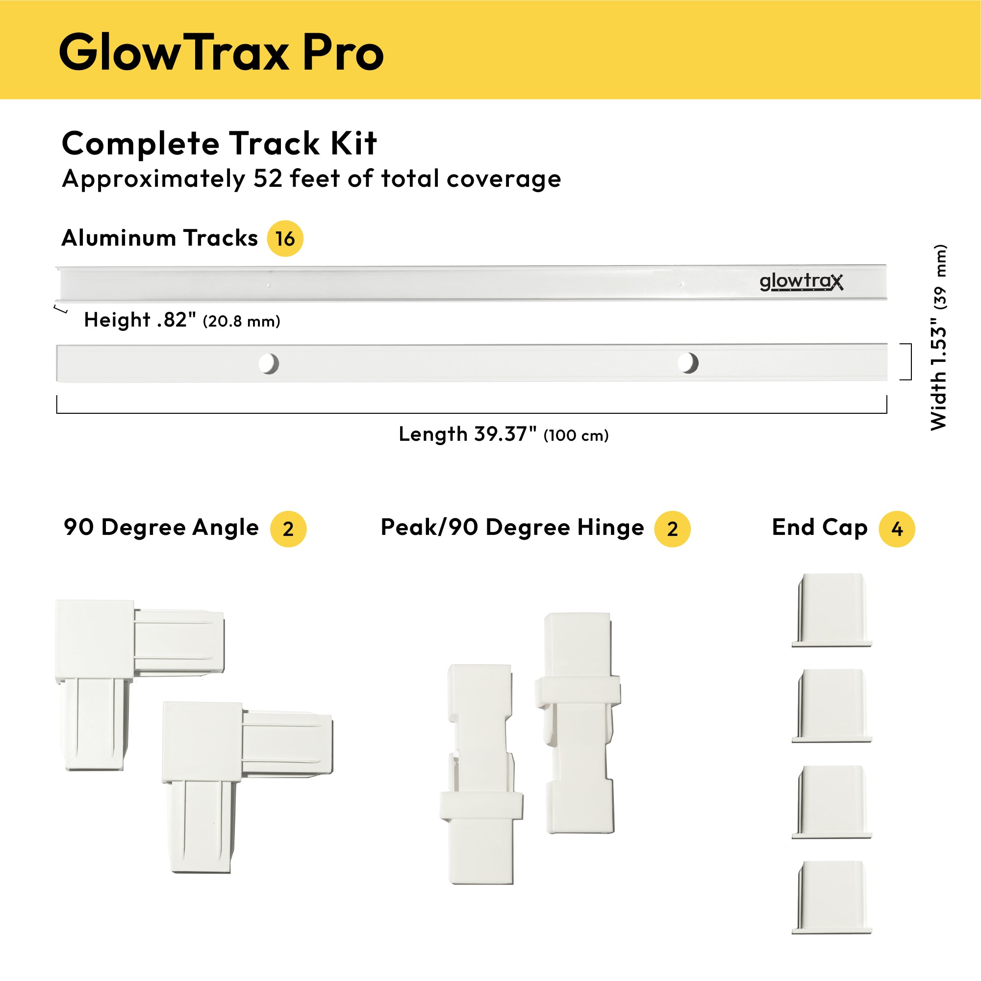 GlowTrax Pro Complete Track Kit specifications for Govee permanent outdoor lights, 16 aluminum tracks with about 52 feet of coverage plus 90 degree angles, peak hinges and end caps, each track 39.37 inches long