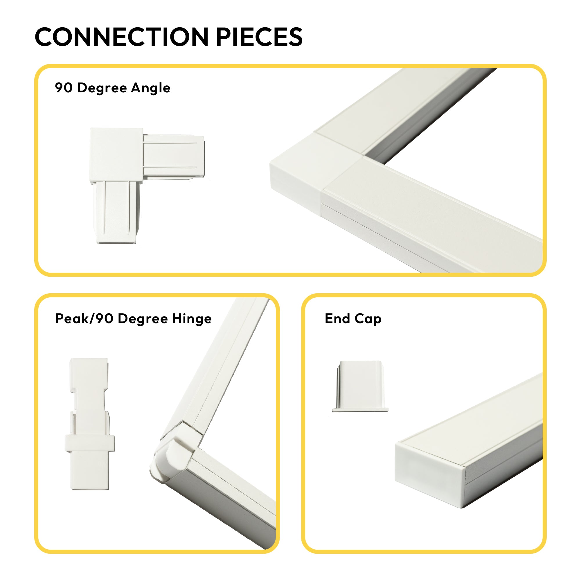 GlowTrax Pro connection pieces for Govee permanent outdoor lights, including 90 degree angle connectors, peak and 90 degree hinges, and end caps for aluminum mounting track