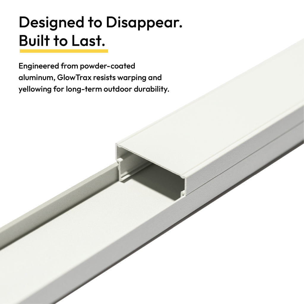 Close-up of GlowTrax Pro powder-coated aluminum mounting track, a warp and yellow resistant channel built for long-term outdoor durability with Govee permanent outdoor lights