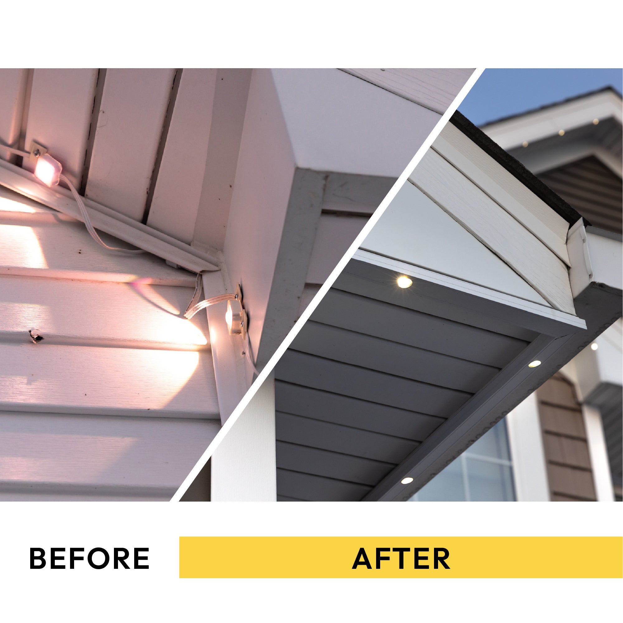 Before and after of Govee permanent outdoor lights on a roofline, GlowTrax Pro aluminum track hides wires for a clean look